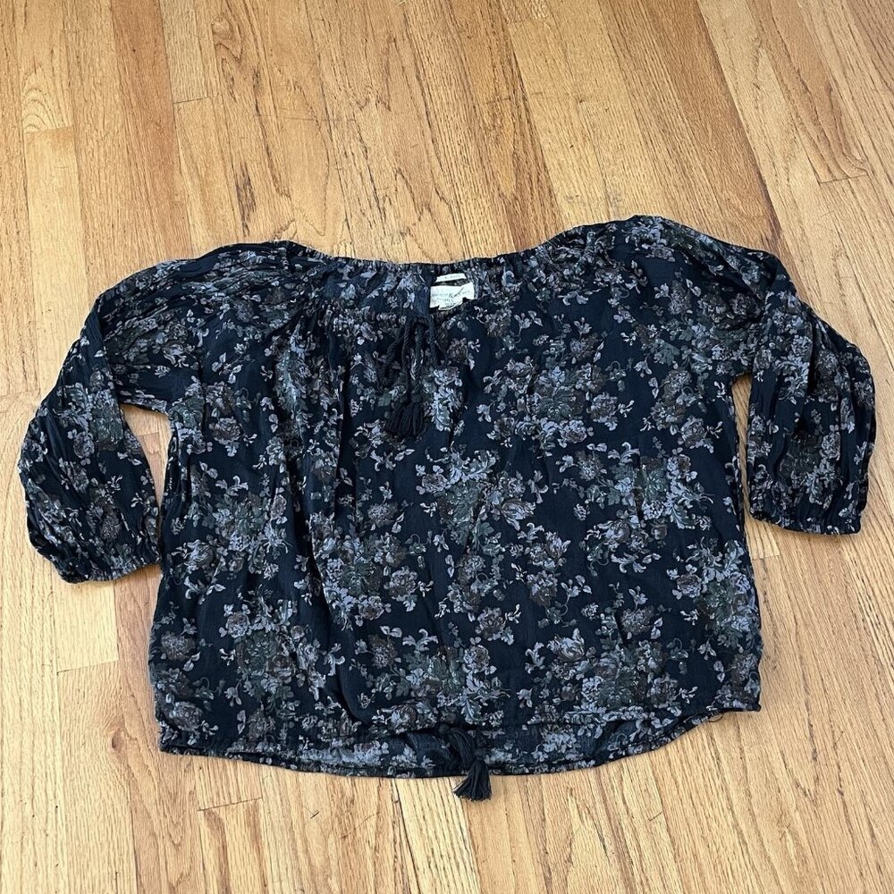 RALPH LAUREN Top Size M Denim & Supply Black Floral Off Shoulder Boho Cottage